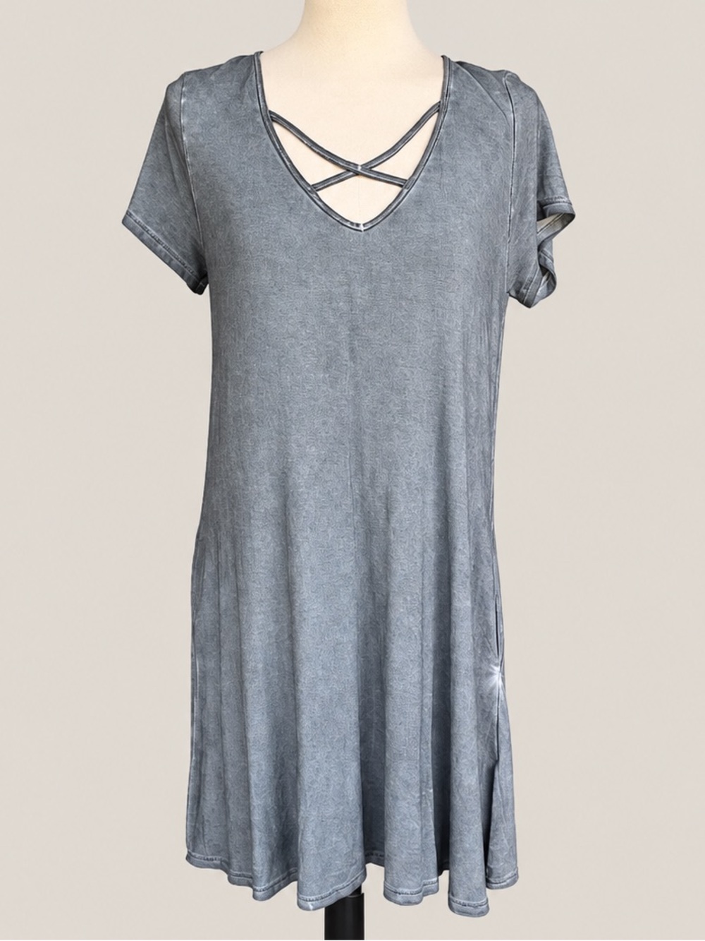 Umgee Gray Criss Cross Swing Dress Small Soft Washed Knit